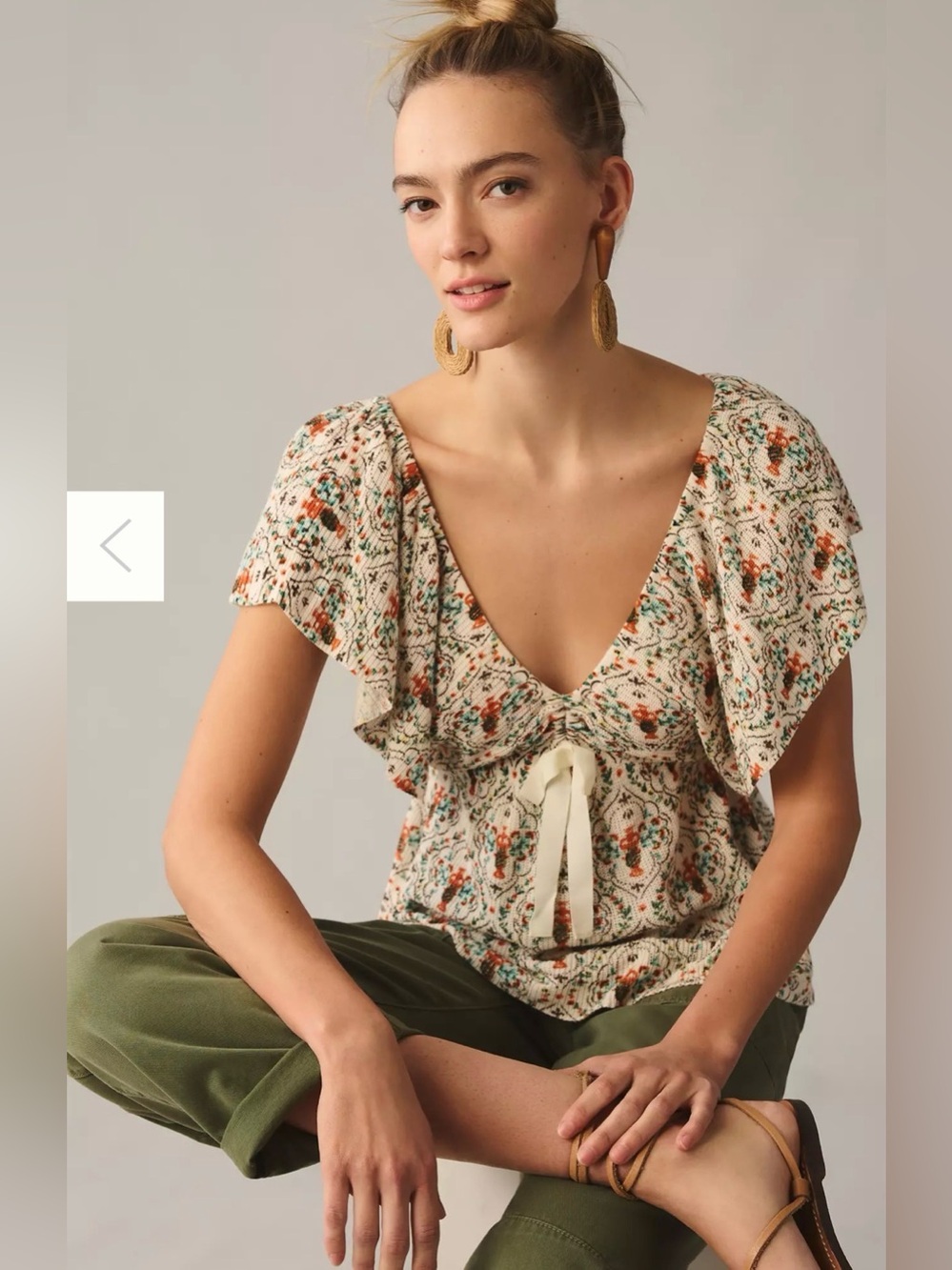 Anthropologie Cream Floral V-Neck Tie-Front Flutter Top